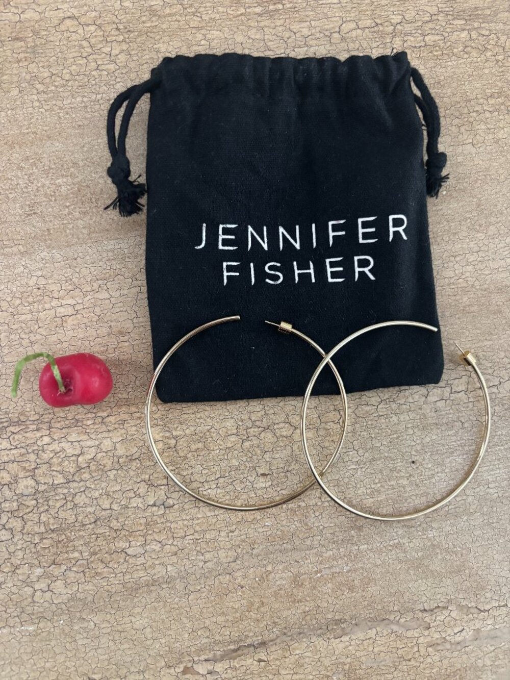 Jennifer Fischer 3.25" 14k gold hoops earrings dust bag NEW